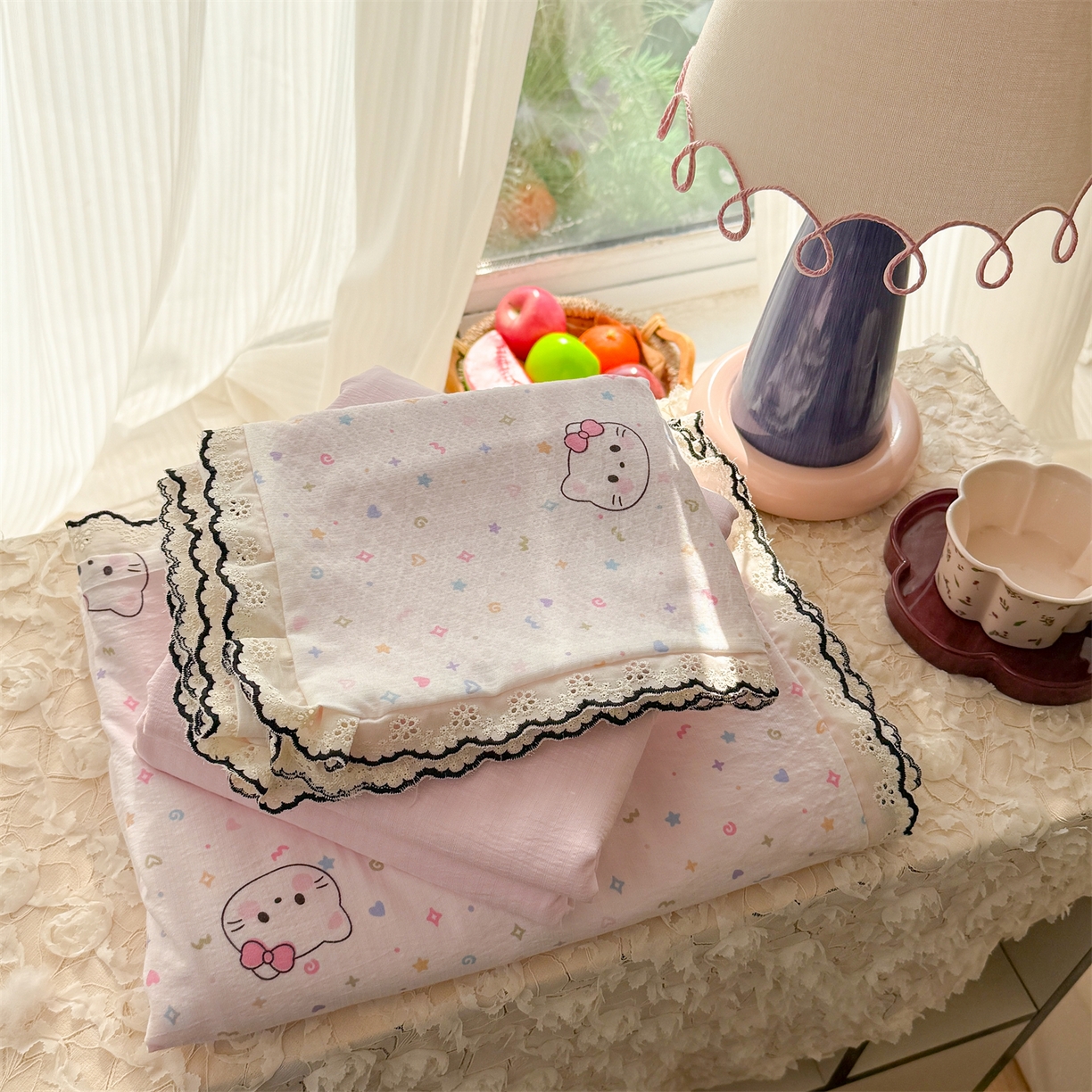 艾特你 2026新款针织提花双层纱全棉纯棉蕾丝花边四件套 甜心猫咪