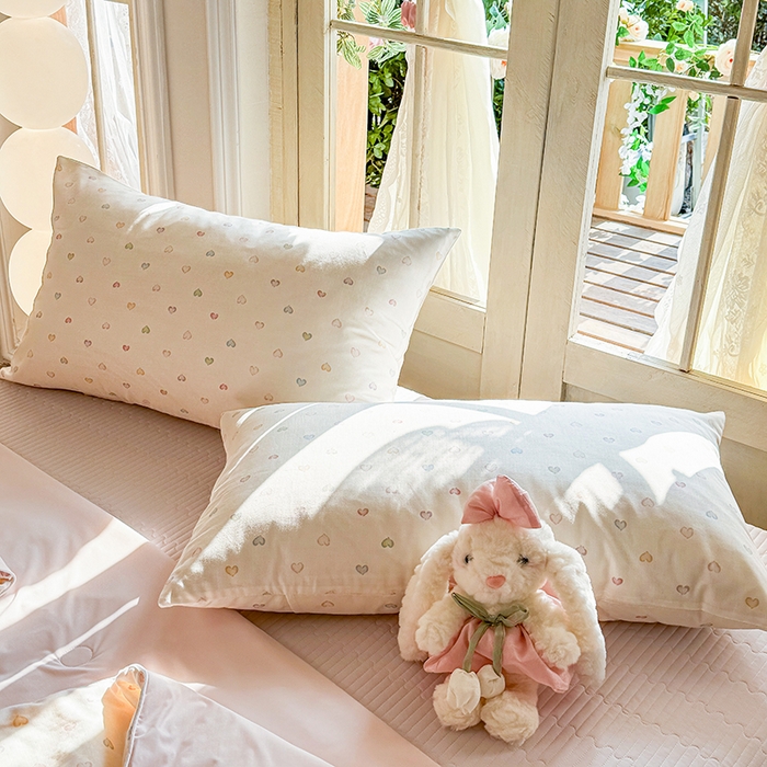 91家纺网 家纺一手货源 找家纺 木楌家居 2026新款全棉纱布云感冰冰被床盖四件套系列 七彩爱心