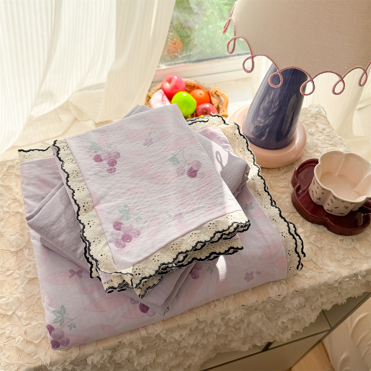 艾特你 2026新款针织提花双层纱全棉纯棉蕾丝花边四件套 乌梅子酱