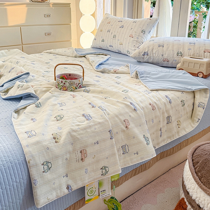 91家纺网 家纺一手货源 找家纺 木楌家居 2026新款全棉纱布云感冰冰被床盖四件套系列 小汽车