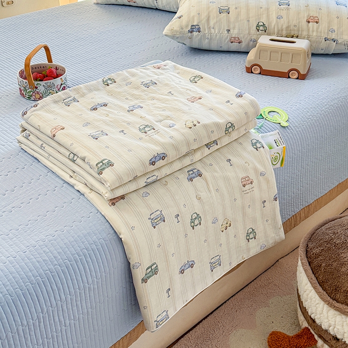 91家纺网 家纺一手货源 找家纺 木楌家居 2026新款全棉纱布云感冰冰被床盖四件套系列 小汽车