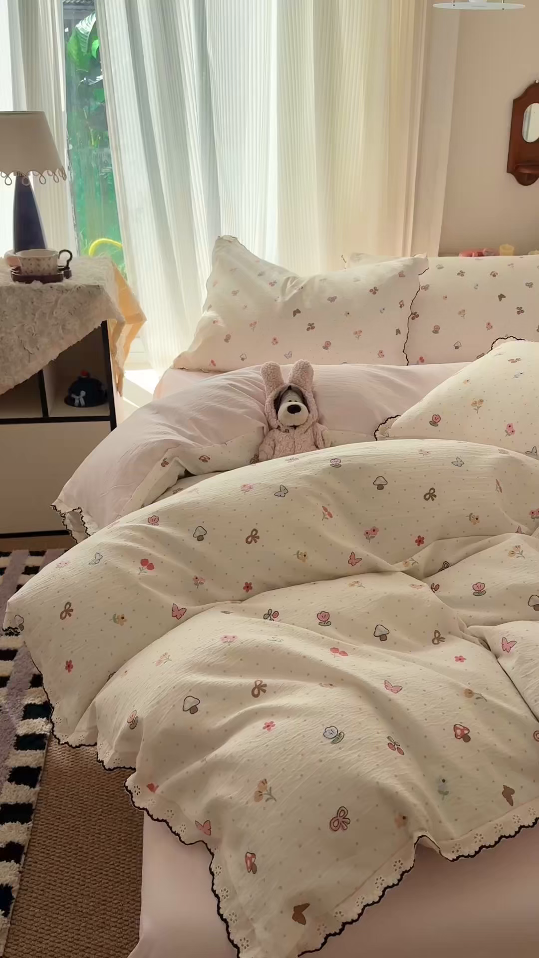 91家纺网 家纺一手货源 找家纺 艾特你 2026新款针织提花双层纱全棉纯棉蕾丝花边四件套 夏之物语