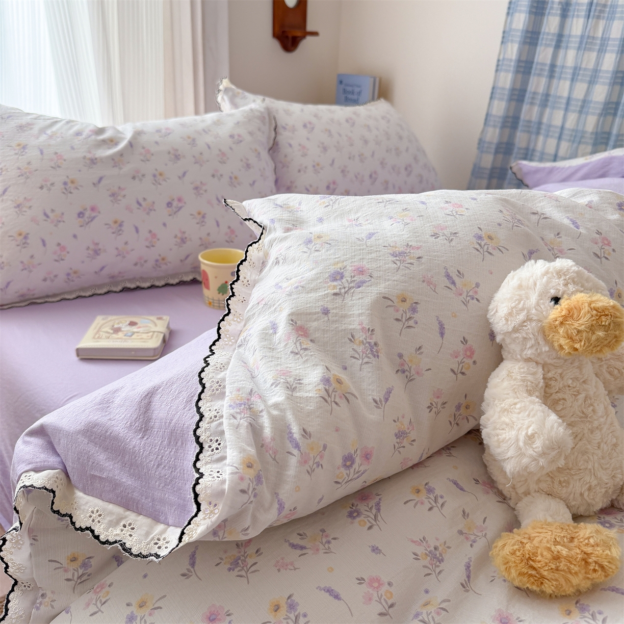 91家纺网 家纺一手货源 找家纺 艾特你 2026新款针织提花双层纱全棉纯棉蕾丝花边四件套 薰衣草