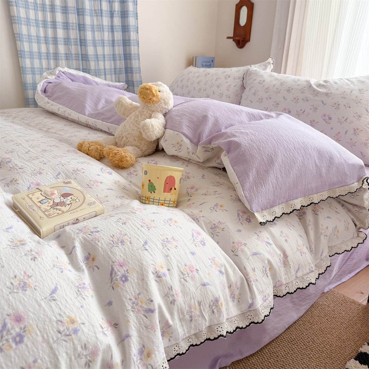 91家纺网 家纺一手货源 找家纺 艾特你 2026新款针织提花双层纱全棉纯棉蕾丝花边四件套 薰衣草