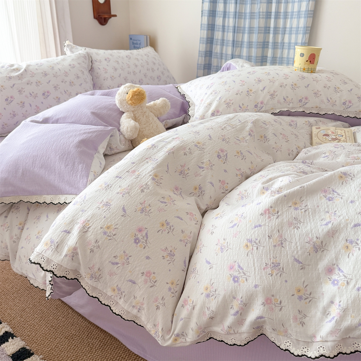 91家纺网 家纺一手货源 找家纺 艾特你 2026新款针织提花双层纱全棉纯棉蕾丝花边四件套 薰衣草