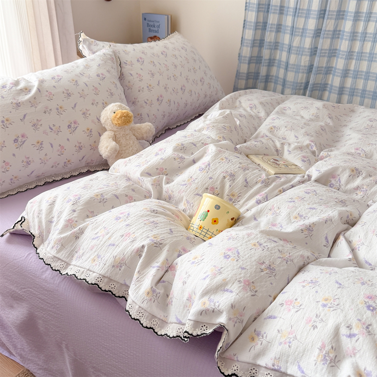 91家纺网 家纺一手货源 找家纺 艾特你 2026新款针织提花双层纱全棉纯棉蕾丝花边四件套 薰衣草