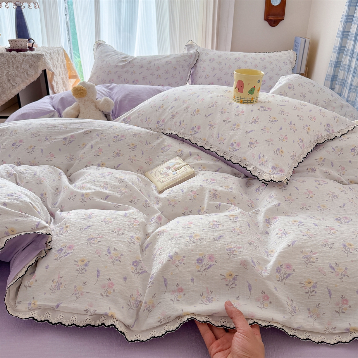 91家纺网 家纺一手货源 找家纺 艾特你 2026新款针织提花双层纱全棉纯棉蕾丝花边四件套 薰衣草