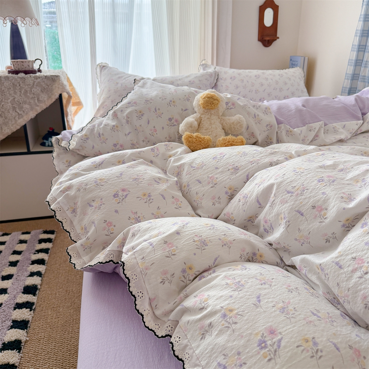 91家纺网 家纺一手货源 找家纺 艾特你 2026新款针织提花双层纱全棉纯棉蕾丝花边四件套 薰衣草