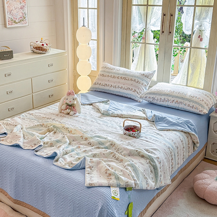 91家纺网 家纺一手货源 找家纺 木楌家居 2026新款全棉纱布云感冰冰被床盖四件套系列 小星星