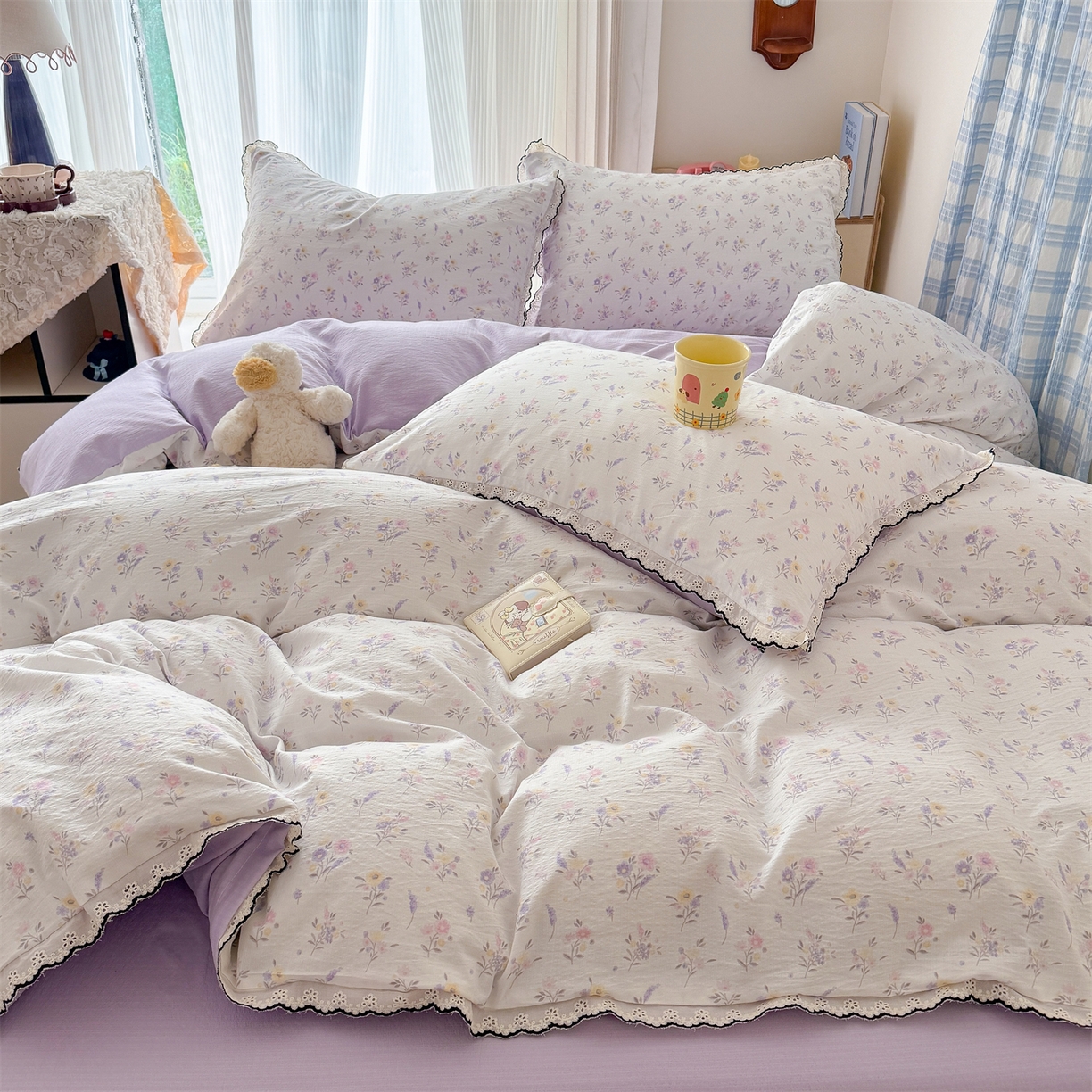 91家纺网 家纺一手货源 找家纺 艾特你 2026新款针织提花双层纱全棉纯棉蕾丝花边四件套 薰衣草