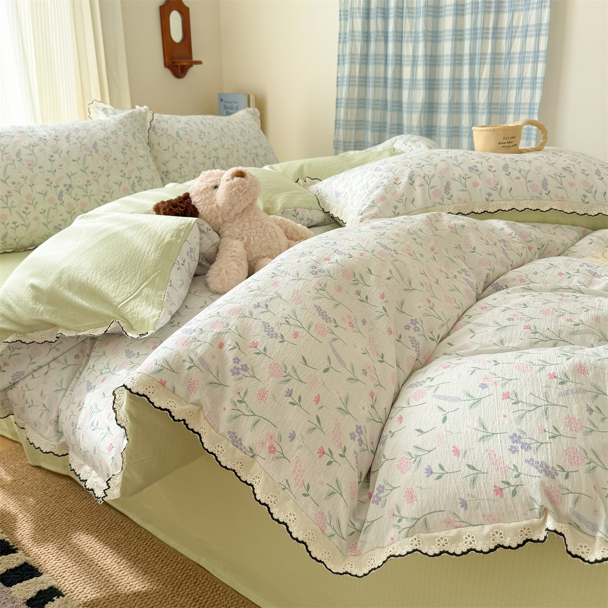 91家纺网 家纺一手货源 找家纺 艾特你 2026新款针织提花双层纱全棉纯棉蕾丝花边四件套 枝芽