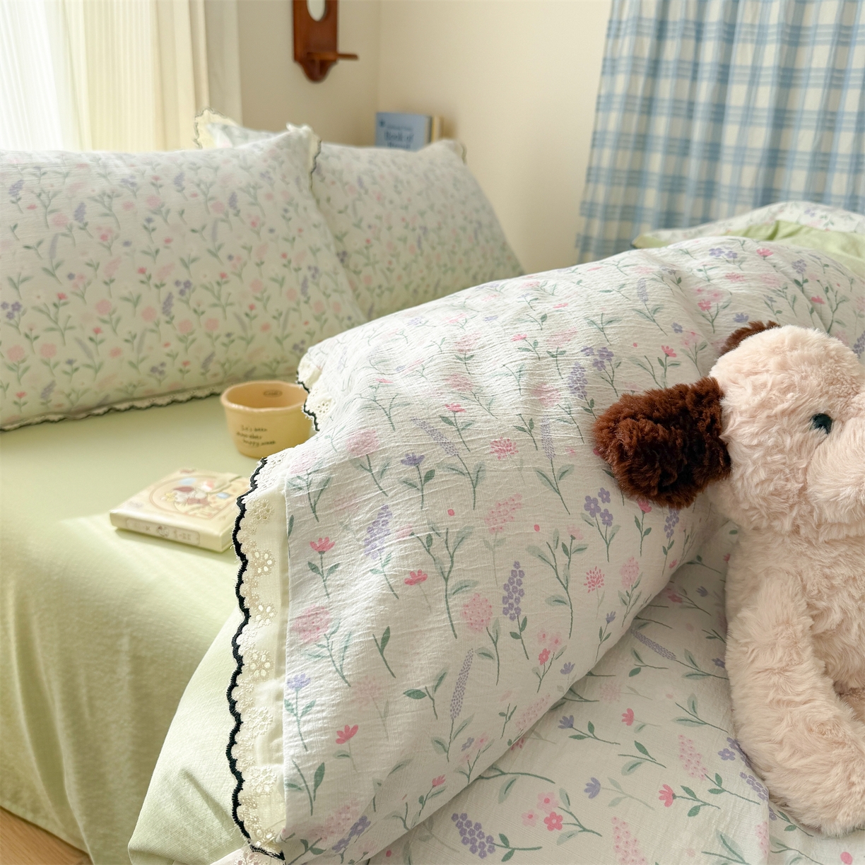 91家纺网 家纺一手货源 找家纺 艾特你 2026新款针织提花双层纱全棉纯棉蕾丝花边四件套 枝芽