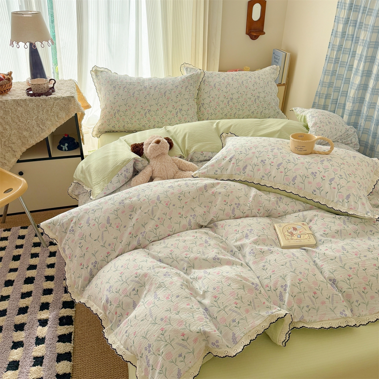 91家纺网 家纺一手货源 找家纺 艾特你 2026新款针织提花双层纱全棉纯棉蕾丝花边四件套 枝芽