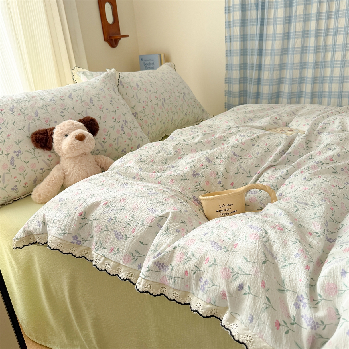 91家纺网 家纺一手货源 找家纺 艾特你 2026新款针织提花双层纱全棉纯棉蕾丝花边四件套 枝芽