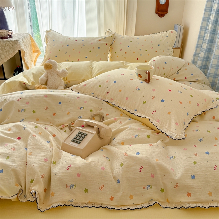 91家纺网 家纺一手货源 找家纺 （总）艾特你 2026新款针织提花双层纱全棉纯棉蕾丝花边四件套