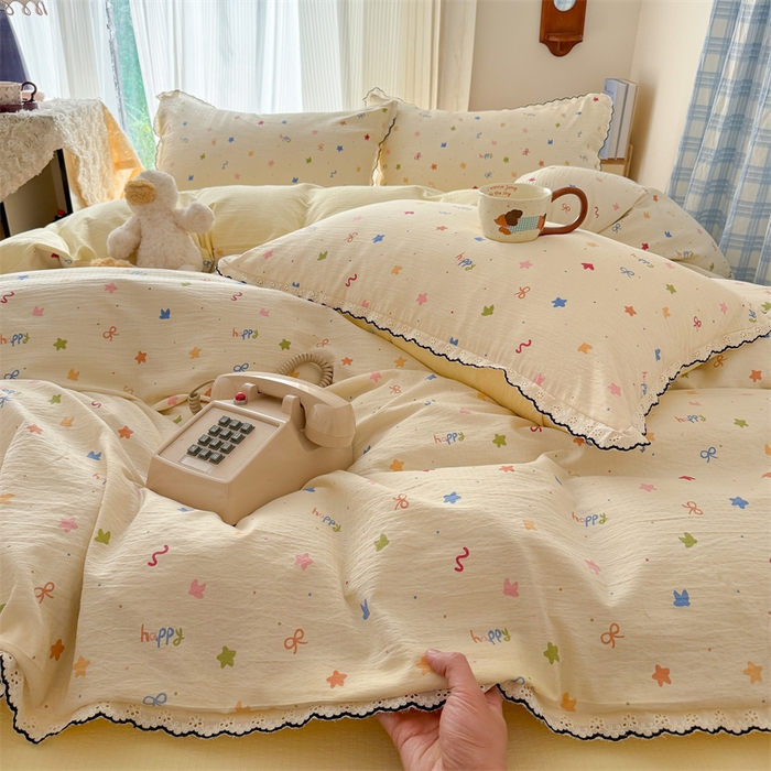 91家纺网 家纺一手货源 找家纺 （总）艾特你 2026新款针织提花双层纱全棉纯棉蕾丝花边四件套