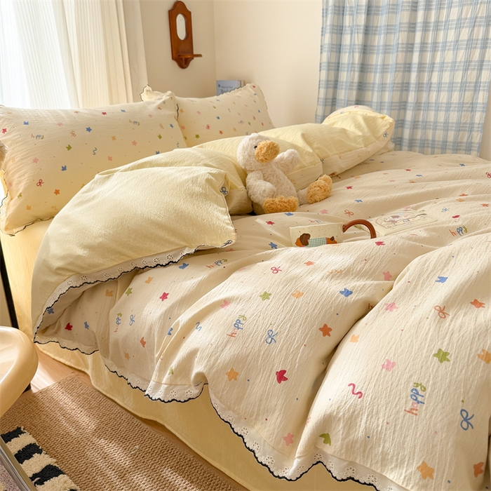 91家纺网 家纺一手货源 找家纺 （总）艾特你 2026新款针织提花双层纱全棉纯棉蕾丝花边四件套