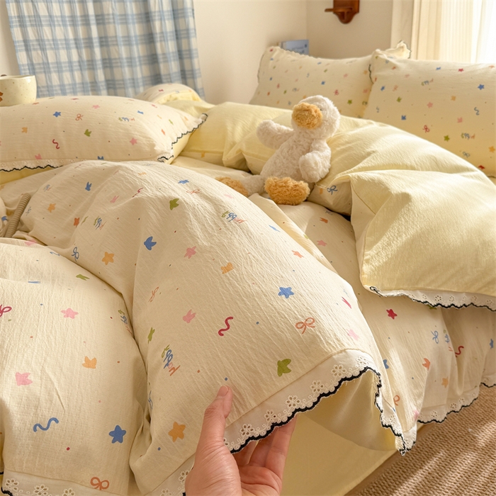 91家纺网 家纺一手货源 找家纺 （总）艾特你 2026新款针织提花双层纱全棉纯棉蕾丝花边四件套