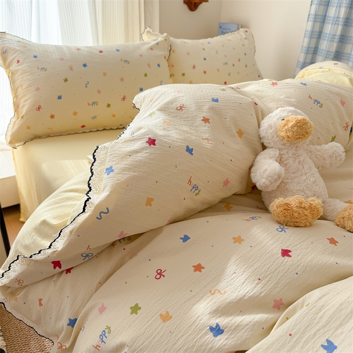 91家纺网 家纺一手货源 找家纺 （总）艾特你 2026新款针织提花双层纱全棉纯棉蕾丝花边四件套