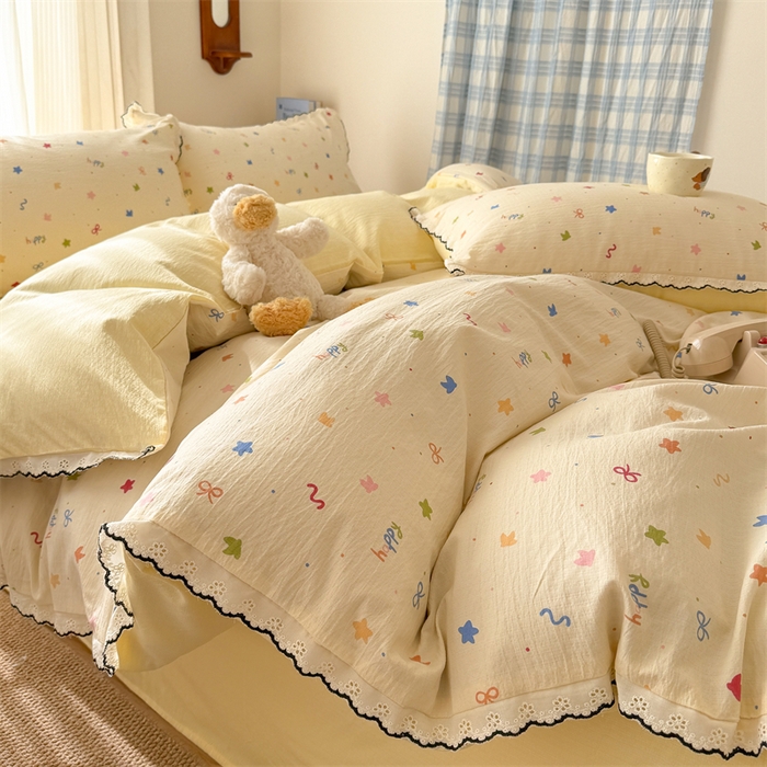 91家纺网 家纺一手货源 找家纺 （总）艾特你 2026新款针织提花双层纱全棉纯棉蕾丝花边四件套