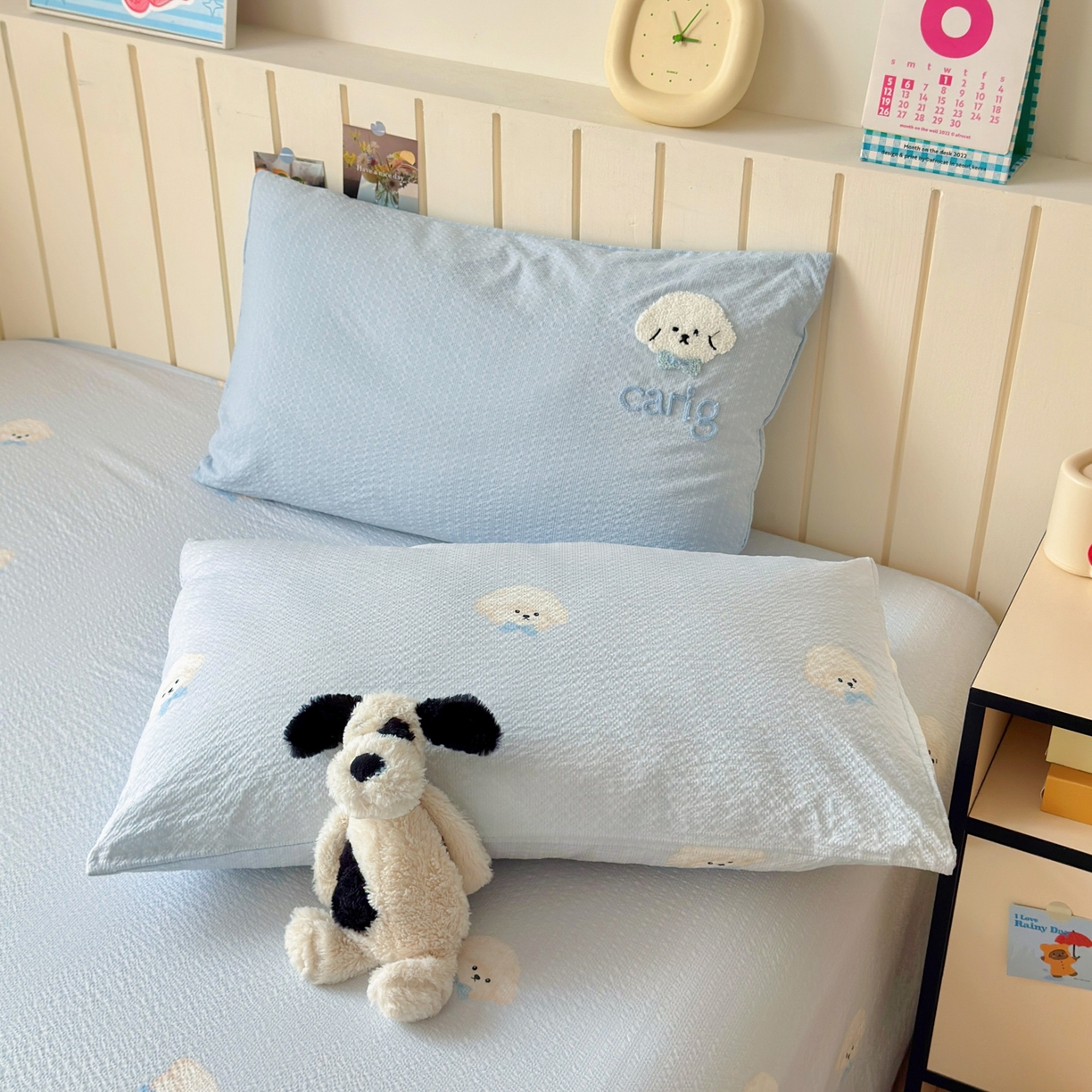 91家纺网 家纺一手货源 找家纺 橙意 2026新款高克重A类泡芙纱毛巾绣四件套 萌萌小狗-蓝