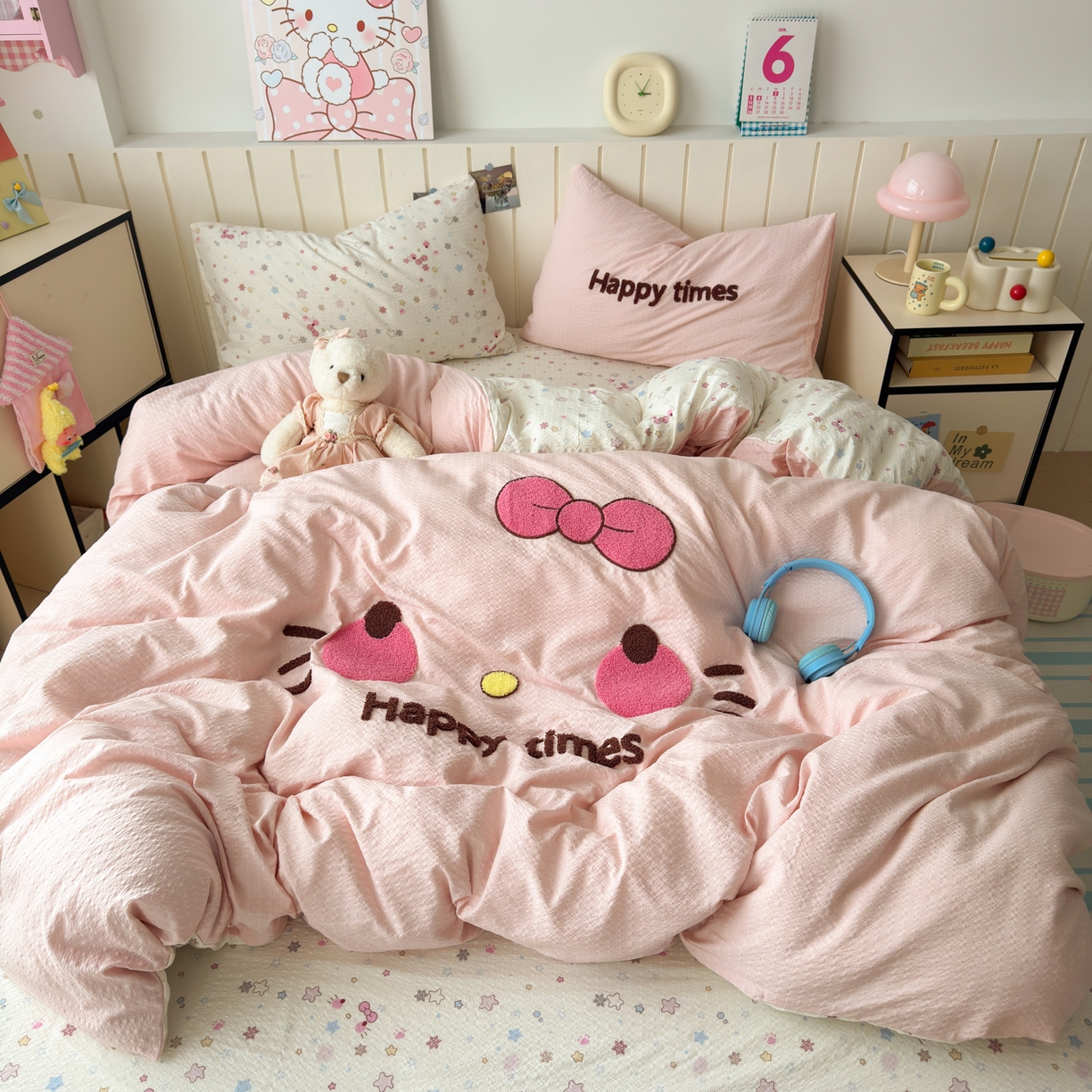 91家纺网 家纺一手货源 找家纺 橙意 2026新款高克重A类泡芙纱毛巾绣四件套 萌趣Kitty