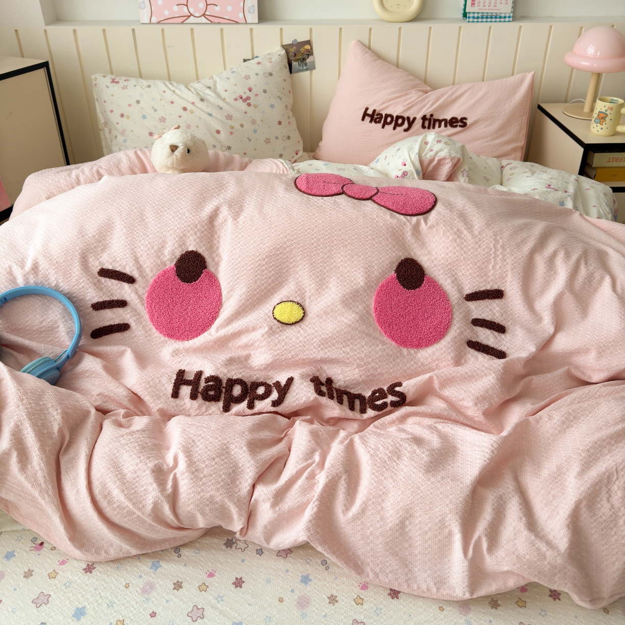 91家纺网 家纺一手货源 找家纺 橙意 2026新款高克重A类泡芙纱毛巾绣四件套 萌趣Kitty