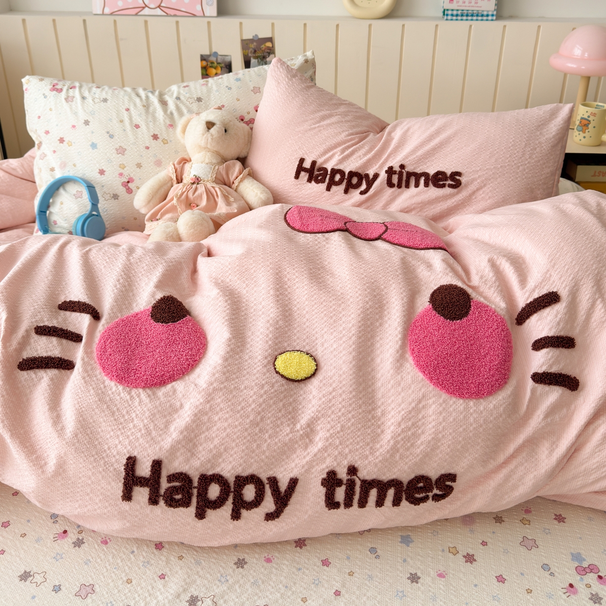 91家纺网 家纺一手货源 找家纺 橙意 2026新款高克重A类泡芙纱毛巾绣四件套 萌趣Kitty