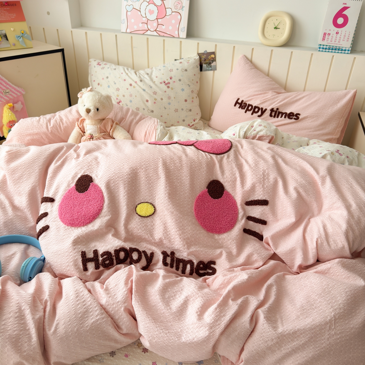 91家纺网 家纺一手货源 找家纺 橙意 2026新款高克重A类泡芙纱毛巾绣四件套 萌趣Kitty