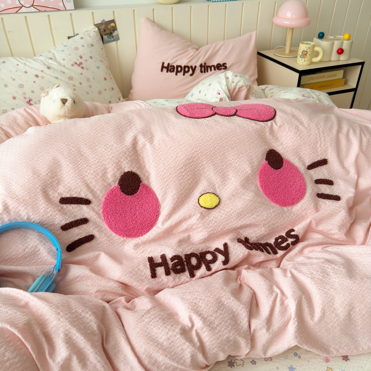 91家纺网 家纺一手货源 找家纺 橙意 2026新款高克重A类泡芙纱毛巾绣四件套 萌趣Kitty