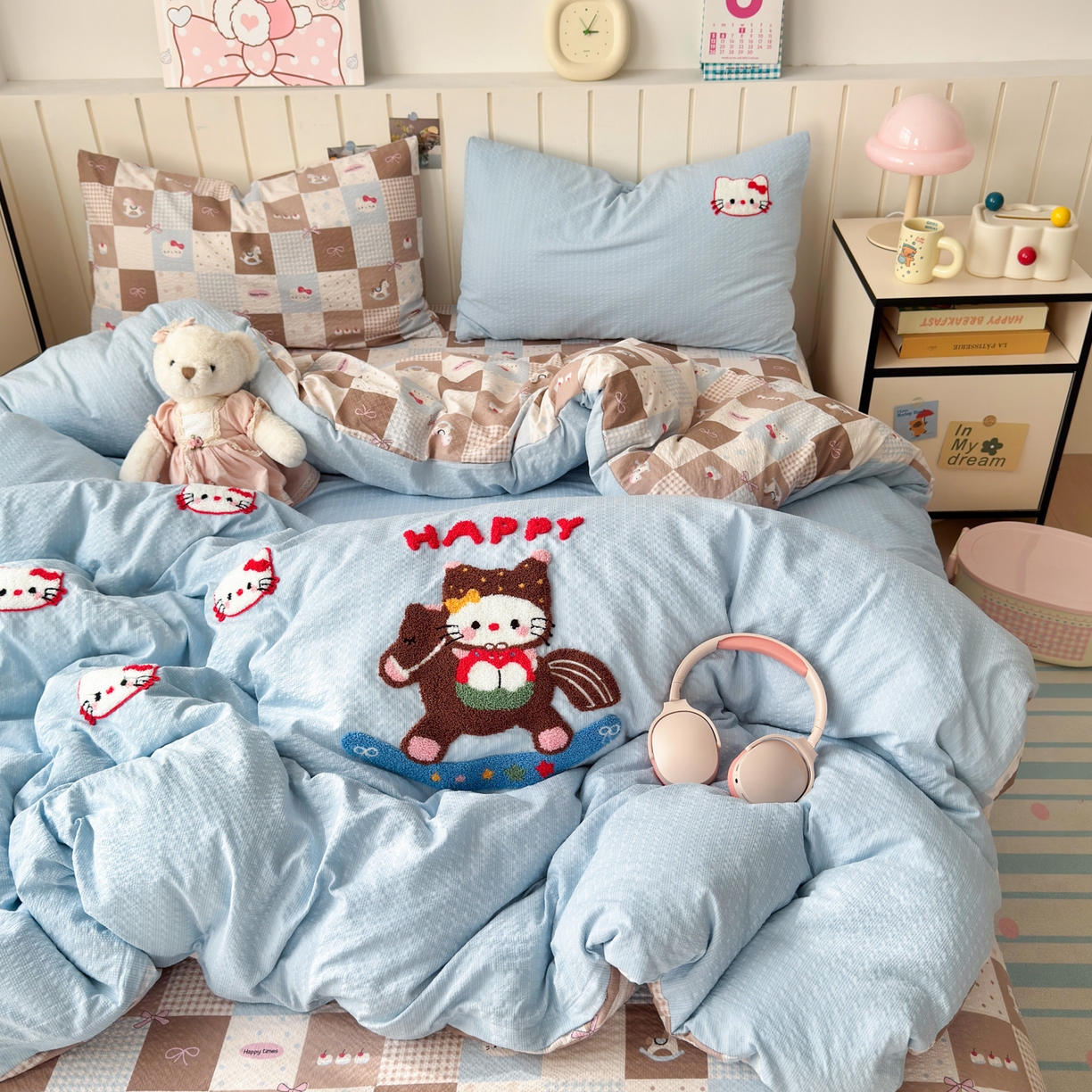 橙意 2026新款高克重A类泡芙纱毛巾绣四件套 木马KT猫-蓝