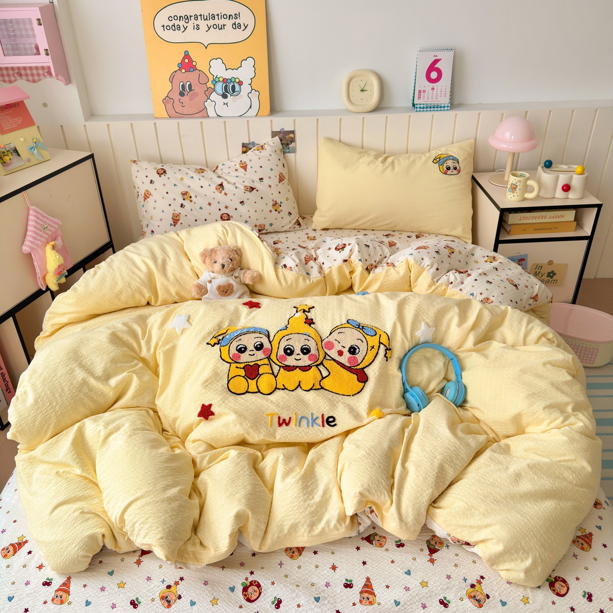 91家纺网 家纺一手货源 找家纺 橙意 2026新款高克重A类泡芙纱毛巾绣四件套 星星伙伴