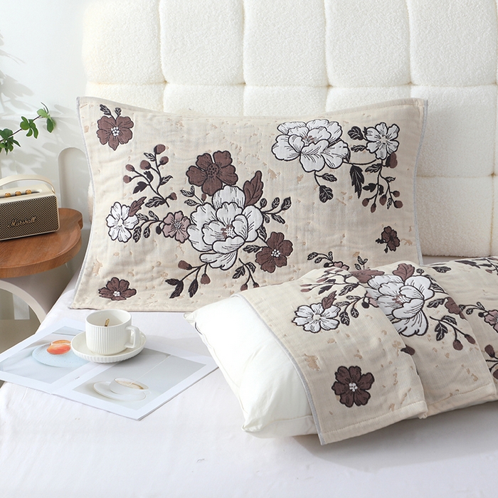 91家纺网 家纺一手货源 找家纺 娇兰毛巾 2026新款7A抗菌全棉A类加厚五层纱布加双绑带枕巾 花枝舞醉