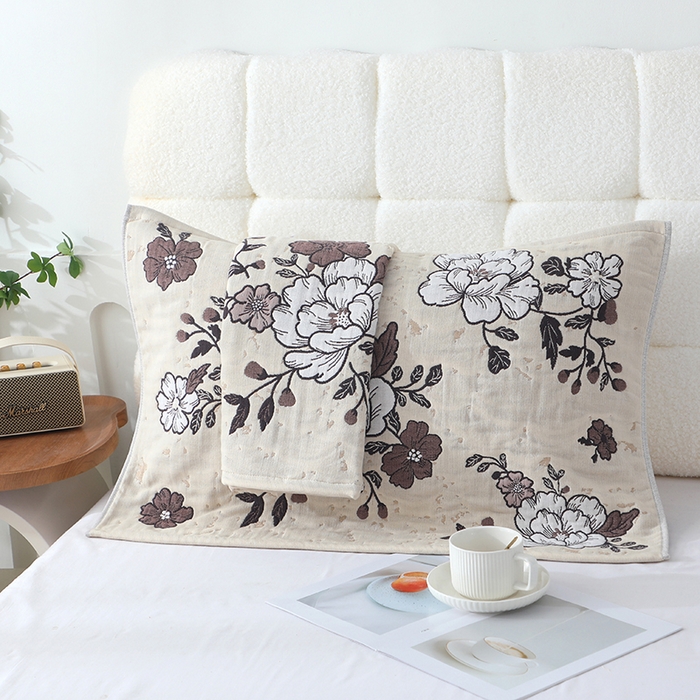 91家纺网 家纺一手货源 找家纺 娇兰毛巾 2026新款7A抗菌全棉A类加厚五层纱布加双绑带枕巾 花枝舞醉