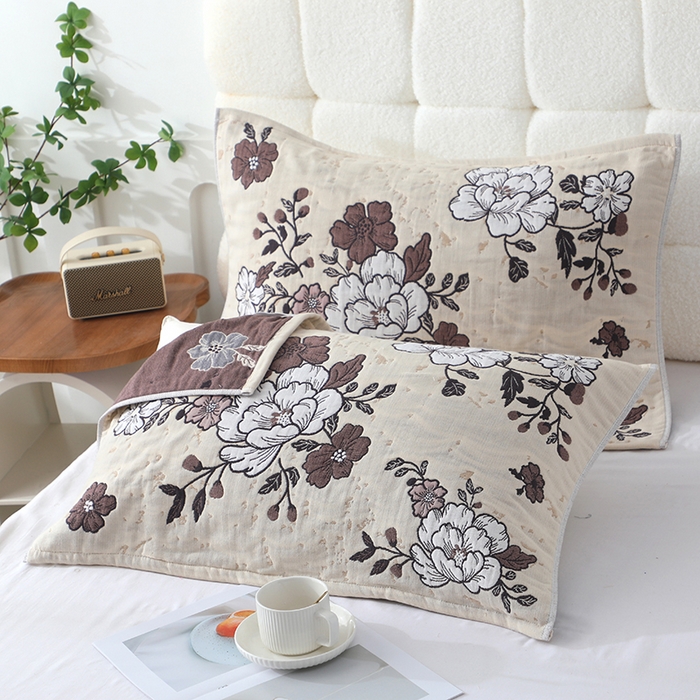 91家纺网 家纺一手货源 找家纺 娇兰毛巾 2026新款7A抗菌全棉A类加厚五层纱布加双绑带枕巾 花枝舞醉