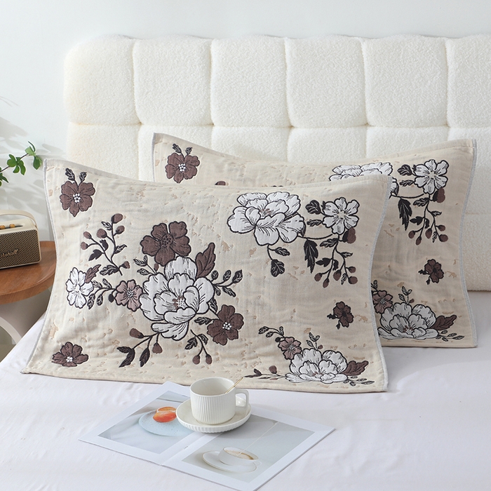 91家纺网 家纺一手货源 找家纺 娇兰毛巾 2026新款7A抗菌全棉A类加厚五层纱布加双绑带枕巾 花枝舞醉