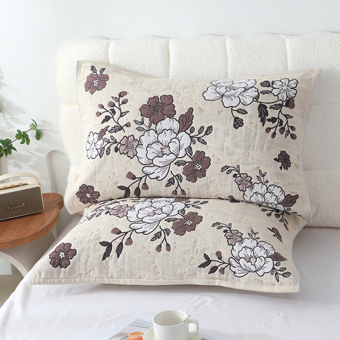 91家纺网 家纺一手货源 找家纺 娇兰毛巾 2026新款7A抗菌全棉A类加厚五层纱布加双绑带枕巾 花枝舞醉