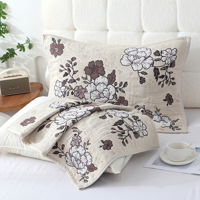 91家纺网 家纺一手货源 找家纺 娇兰毛巾 2026新款7A抗菌全棉A类加厚五层纱布加双绑带枕巾 花枝舞醉