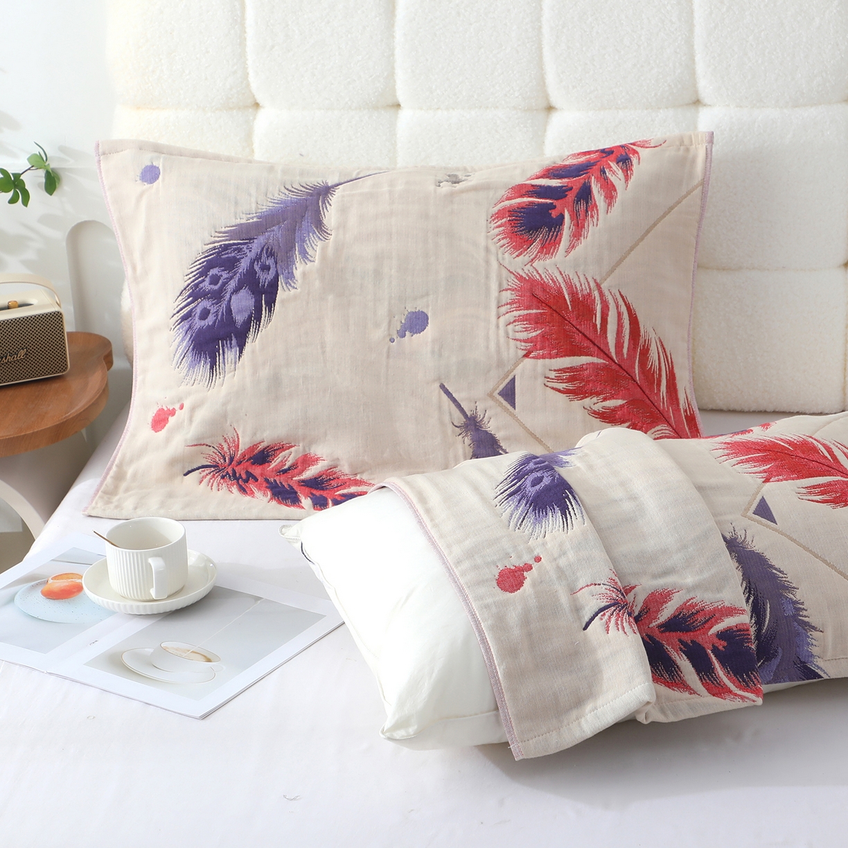 91家纺网 家纺一手货源 找家纺 娇兰毛巾 2026新款7A抗菌全棉A类加厚五层纱布加双绑带枕巾 翼