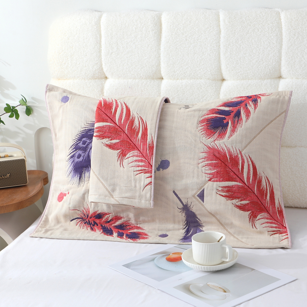 91家纺网 家纺一手货源 找家纺 娇兰毛巾 2026新款7A抗菌全棉A类加厚五层纱布加双绑带枕巾 翼