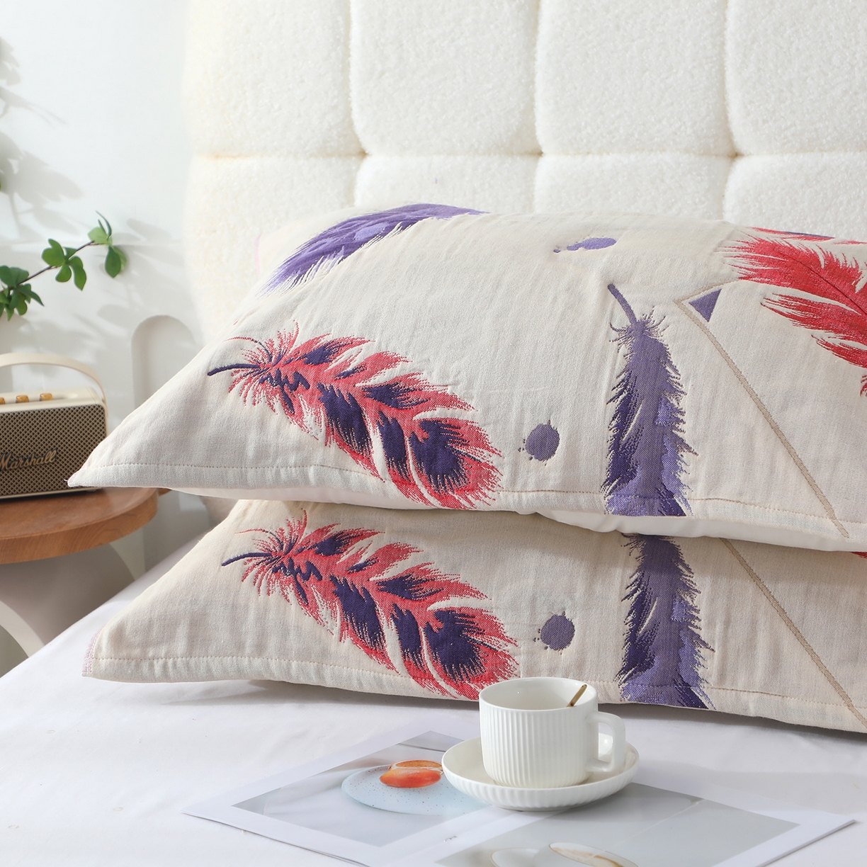 91家纺网 家纺一手货源 找家纺 娇兰毛巾 2026新款7A抗菌全棉A类加厚五层纱布加双绑带枕巾 翼