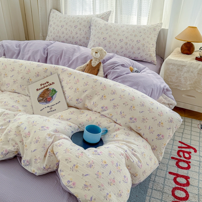 艾特你 2026新款云感针织提花双层纱四件套-欢喜 欢喜-紫薰