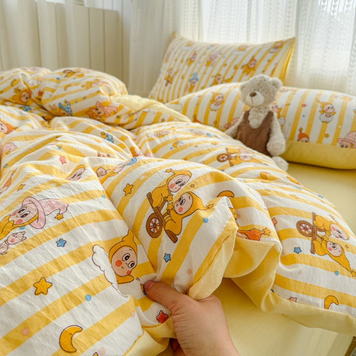 91家纺网 家纺一手货源 找家纺 艾特你 2026新款云感针织提花双层纱四件套-欢喜 欢喜-快乐星星