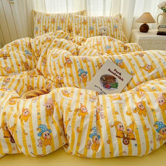 91家纺网 家纺一手货源 找家纺 艾特你 2026新款云感针织提花双层纱四件套-欢喜 欢喜-快乐星星