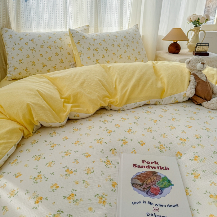 91家纺网 家纺一手货源 找家纺 艾特你 2026新款云感针织提花双层纱四件套-欢喜 欢喜-梨花落