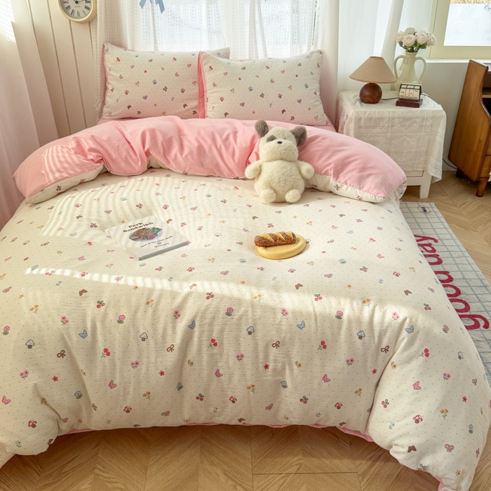 91家纺网 家纺一手货源 找家纺 艾特你 2026新款云感针织提花双层纱四件套-欢喜 欢喜-奶油风