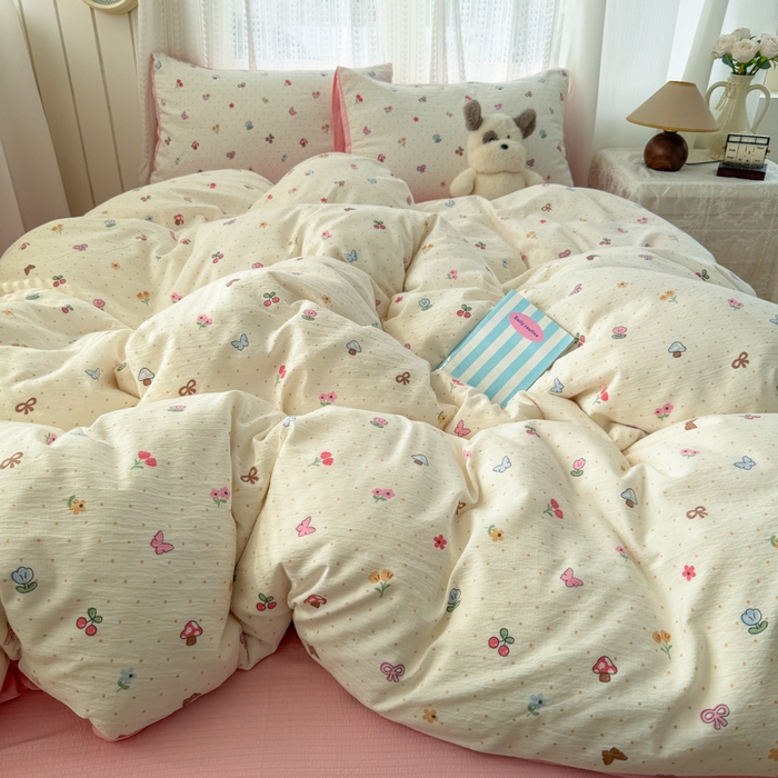 91家纺网 家纺一手货源 找家纺 艾特你 2026新款云感针织提花双层纱四件套-欢喜 欢喜-奶油风