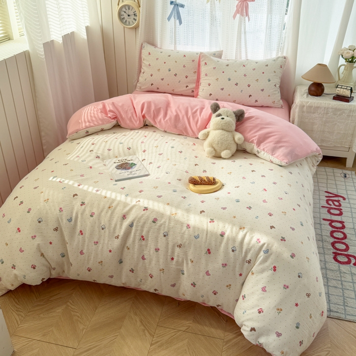 91家纺网 家纺一手货源 找家纺 艾特你 2026新款云感针织提花双层纱四件套-欢喜 欢喜-奶油风