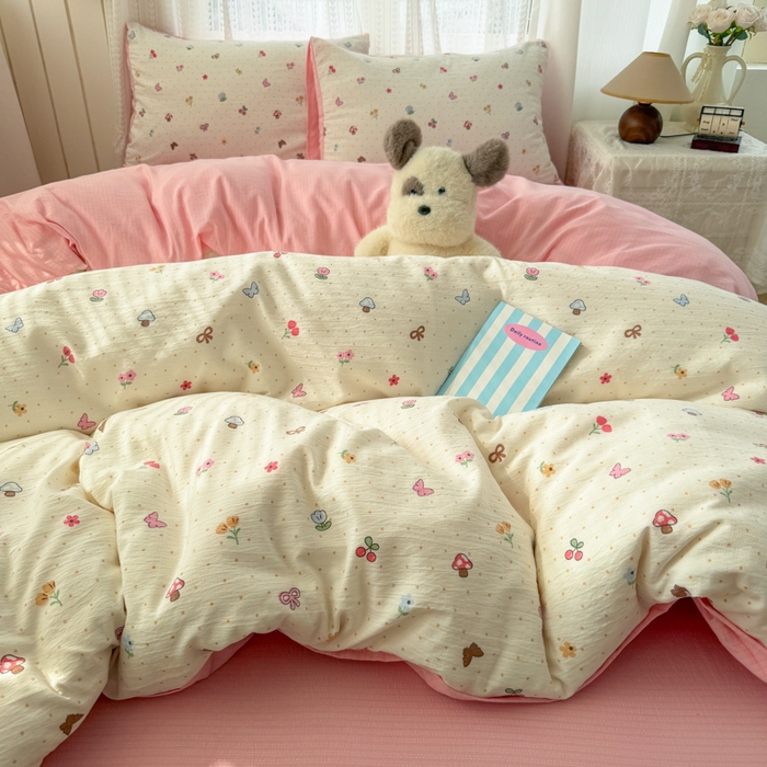 91家纺网 家纺一手货源 找家纺 艾特你 2026新款云感针织提花双层纱四件套-欢喜 欢喜-奶油风