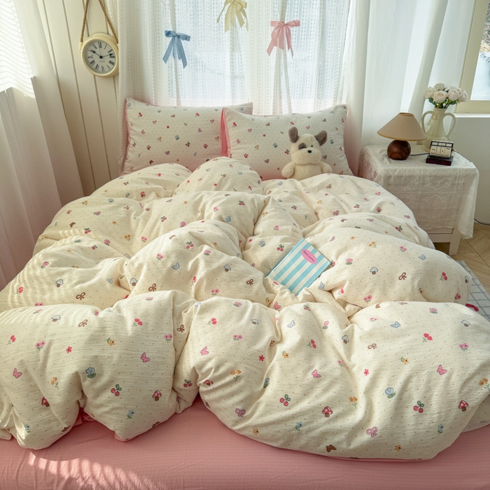 91家纺网 家纺一手货源 找家纺 艾特你 2026新款云感针织提花双层纱四件套-欢喜 欢喜-奶油风